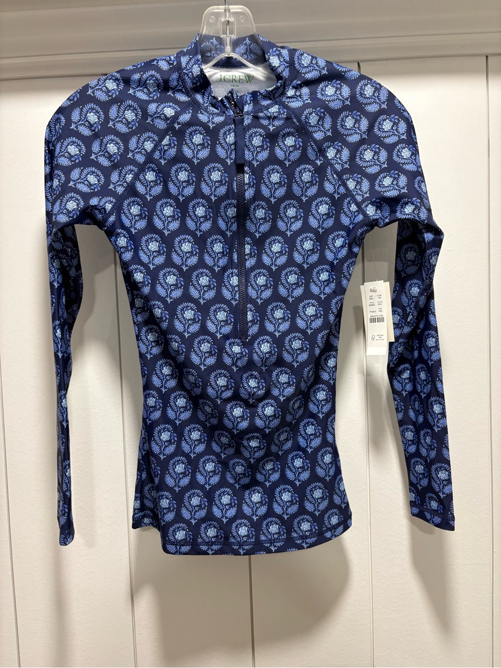 J. Crew Rash Guard Front Zip Long Sleeve Swim Top Blue Floral Resort Wear  XXS